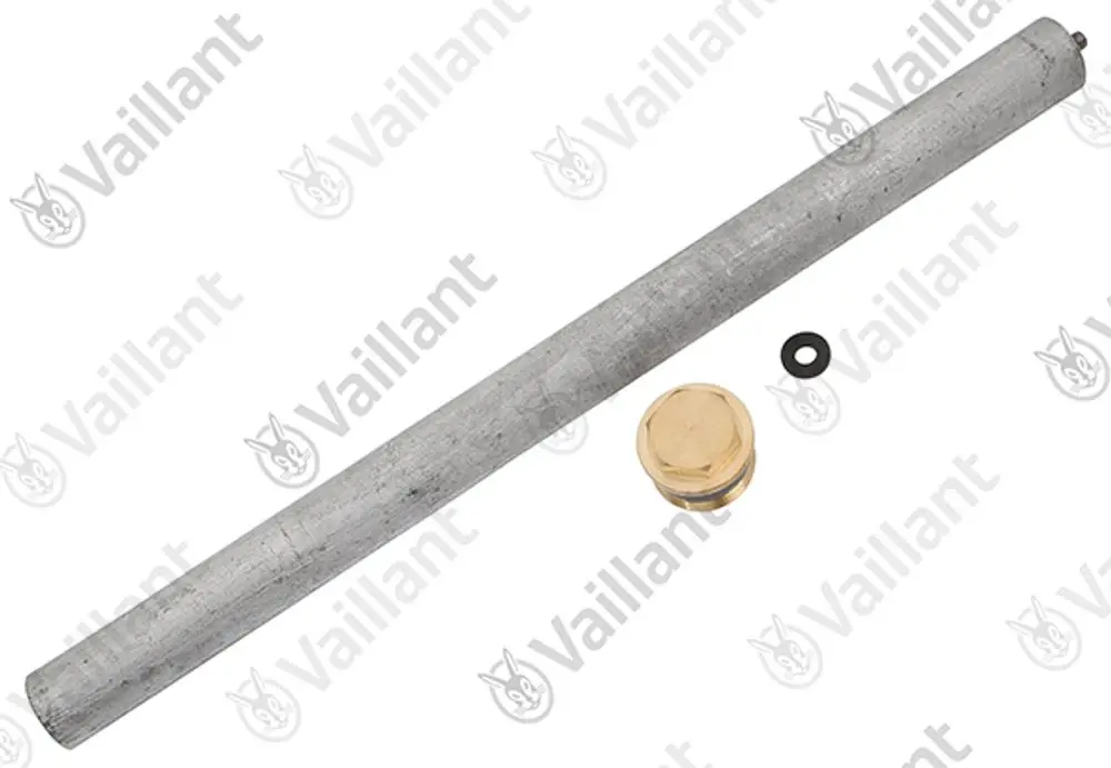 Vaillant-Anode in zylindrischer Form aus Metall, begleitet von einer goldfarbenen Kappe und einer Dichtung.